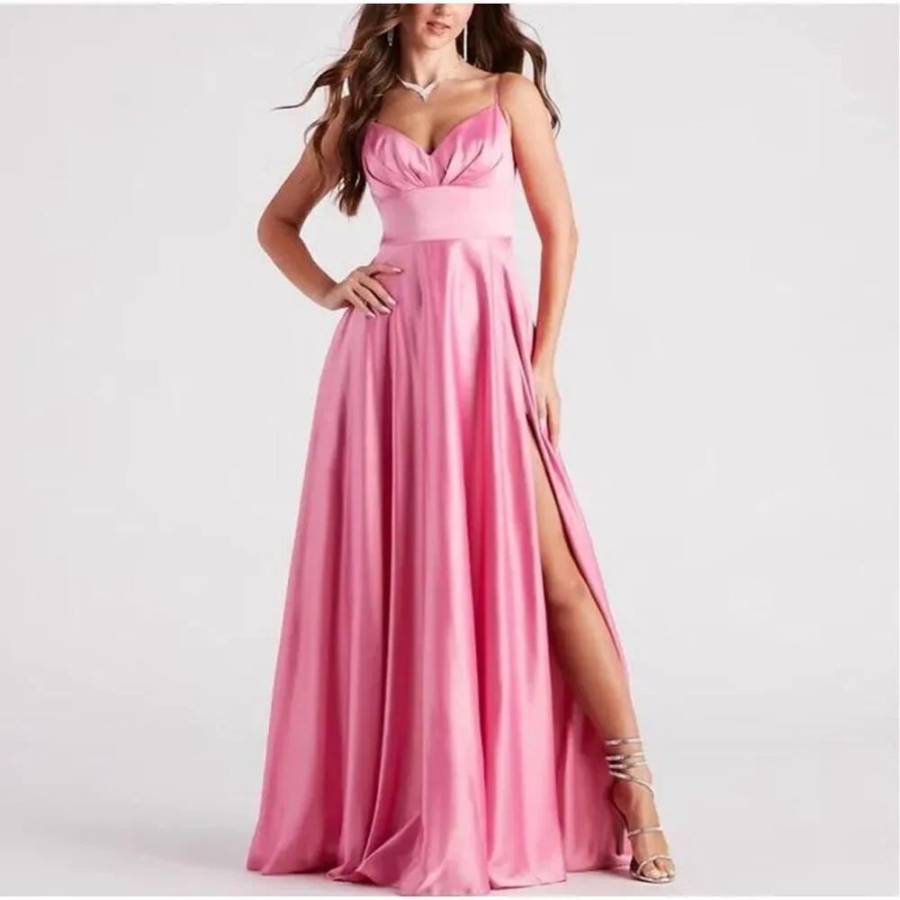Windsor pink satin finish gown - Gillian Formal Satin A-Line Dress with slit siz